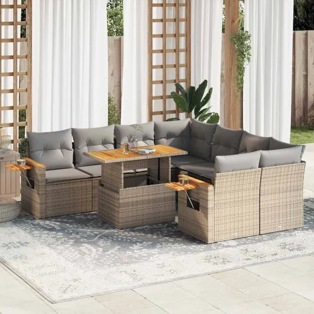 vidaXL 9-delige Loungeset met kussens poly rattan acacia beige, foto 2