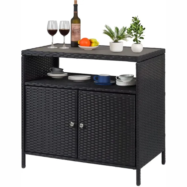Happiq Rotan Bartafel met Opbergkast - Dubbele Deuren en Planken, Rattan Stijl - voor buiten tuin en zwembad - Grijs, Weerbestendig