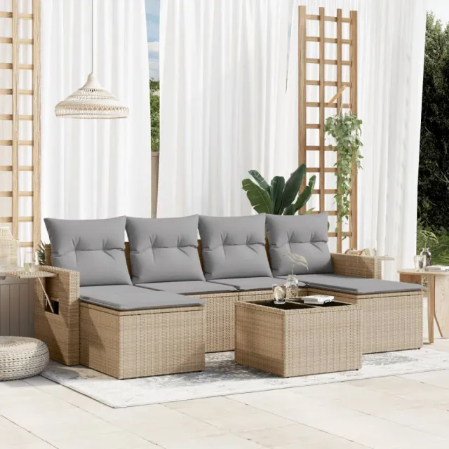 vidaXL 7-delige Loungeset met kussens poly rattan beige, foto 2