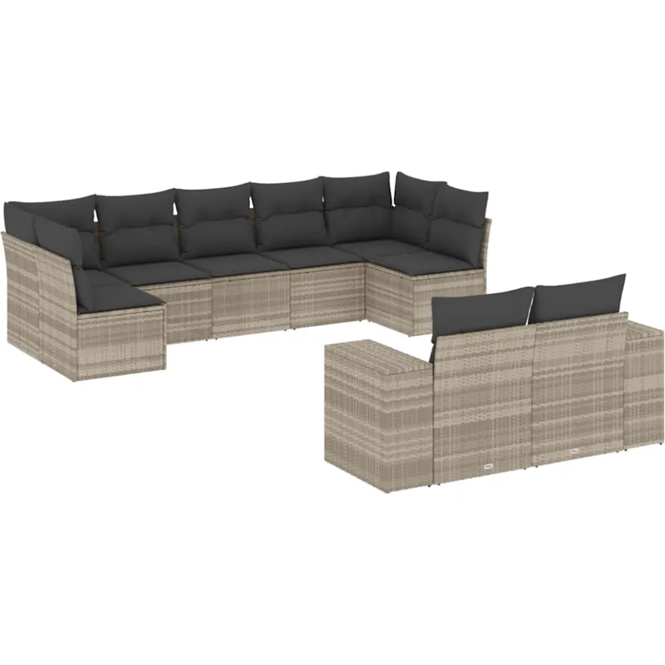 vidaXL 9-delige Loungeset met kussens poly rattan lichtgrijs grijs, foto 3