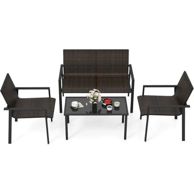 Costway Polyrotan tuinmeubelset, 4-delig, terrasmeubels, zitgroep, zitgroep voor 4 personen, tuingarnituur incl. 2 stoelen, bank & tafel, voor tuin, terras, zwembad (bruin)