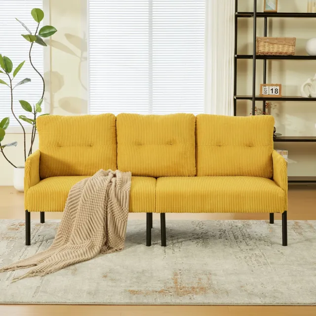Wishdor 3-Zitsbank - Ergonomische Rugleuning En Zijvak - Modern - Cord - Geel - 171 x 72 x 80 cm