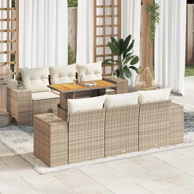 vidaXL 7-delige Loungeset met kussens poly rattan beige, foto 2