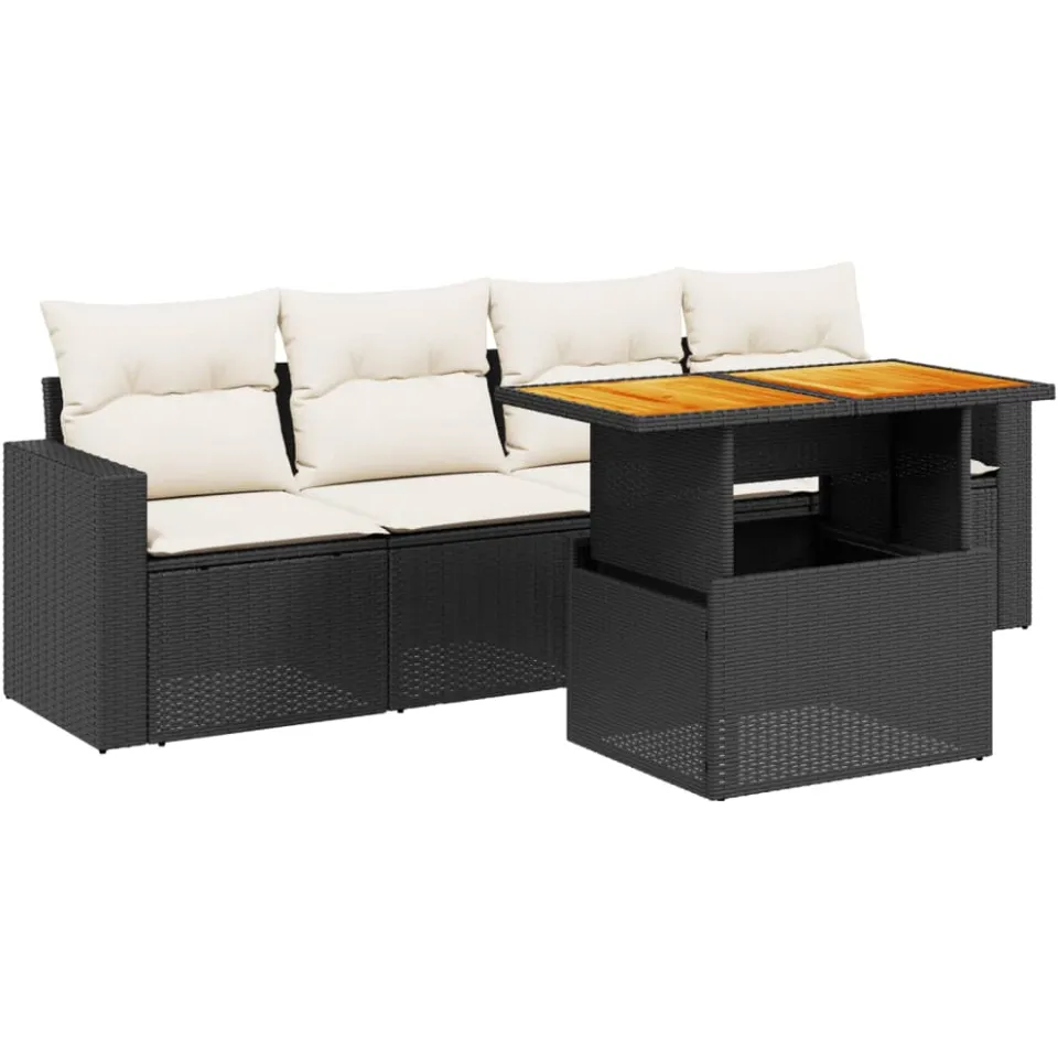 vidaXL 5-delige Loungeset met kussens poly rattan zwart
