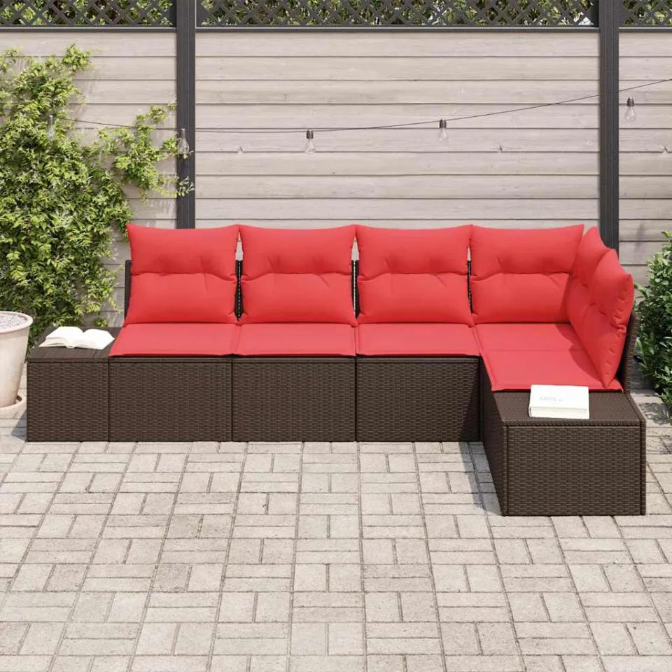 vidaXL Tuinbankenset 5 st Bruin en Rood poly rattan, foto 3