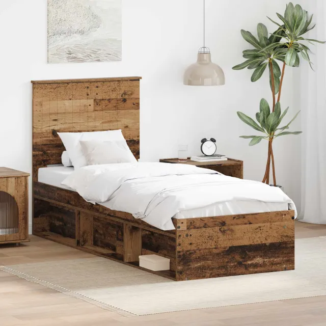 vidaXL Bedframe met hoofdeinde Oudhout 75 x 190 cm Massief grenenhout Bruin
