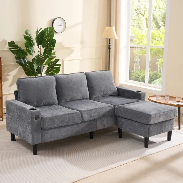 Zubaliya L-vorm slaapsofa met USB- en Type-C aansluitingen - voor woonkamer, slaapkamer en lounge - 3 personen, 202x137x80 cm - grijs linnen - 2 drankhouders en opbergvakken - stevig hout- en metaal frame - modulaire voetenbank
