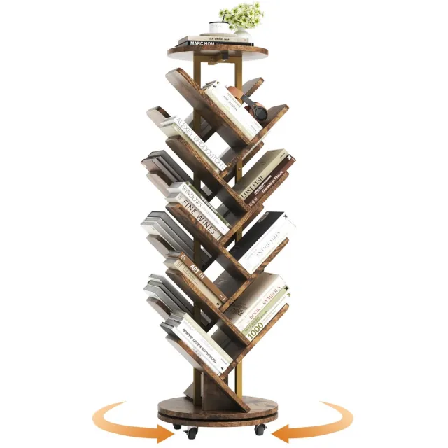 Gudalio Boekenkast - Boekenplank - Boomvormig - 360° Draaibaar - Wielen - 8 vakken - 17 planken - 60-150 Boeken - 40x40x127cm - Bruin