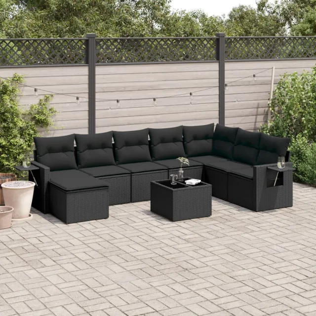 vidaXL 9-delige Loungeset met kussens poly rattan zwart, foto 2
