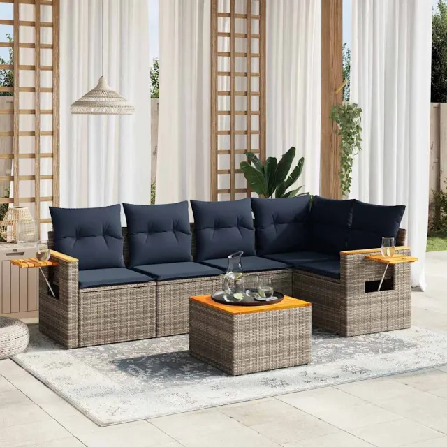 vidaXL 6-delige Loungeset met kussens poly rattan grijs, foto 2
