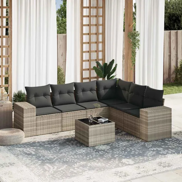 vidaXL 7-delige Loungeset met kussens poly rattan lichtgrijs grijs, foto 2