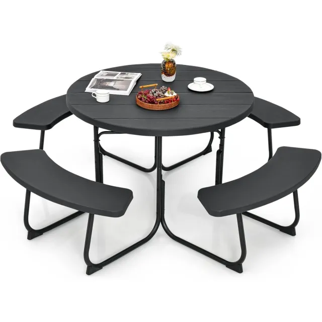 Costway Zitmeubelen voor 8 personen, picknicktafel met parasolgat en 4 banken, ronde tuintafel met HDPE-tafelblad en metalen frame, tuinmeubelen, zitgroep voor tuin, terras Zwart