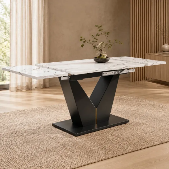 Maisentiel Uitschuifbare eettafel 99-159 x 75 x 75 cm - marmerlook - wit en zwart