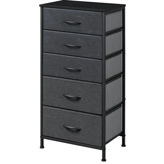 Happiq Ladekast met 5 Laden -Dressior - Kast - Voor Slaapkamer, Keuken, Kantoor of Woonkamer - Smal Dressoir met Stoffen Laden Donkergrijs