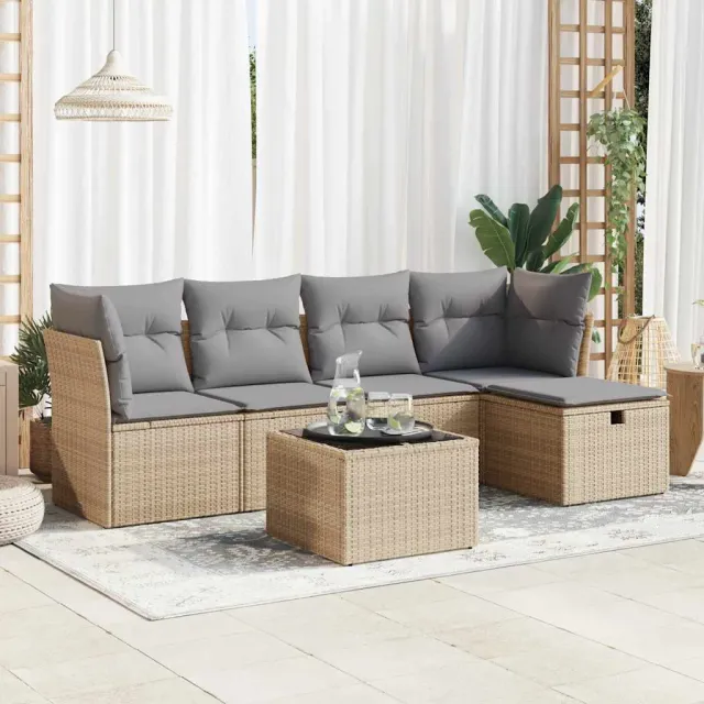 vidaXL 6-delige Loungeset met kussens poly rattan beige, foto 2