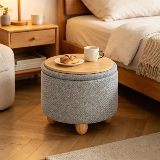MIVRAY Poef 39 cm - Ronde Opberghocker Met Omkeerbaar Houten Dienblad - Voor Woonkamer En Hal - Linnen Lichtgrijs