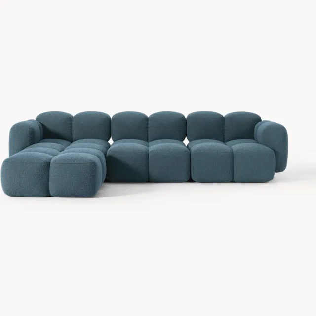 Westwing Collection Modulaire bank Tayla (4-zits) van bouclé met poef (links/rechts) Blauw