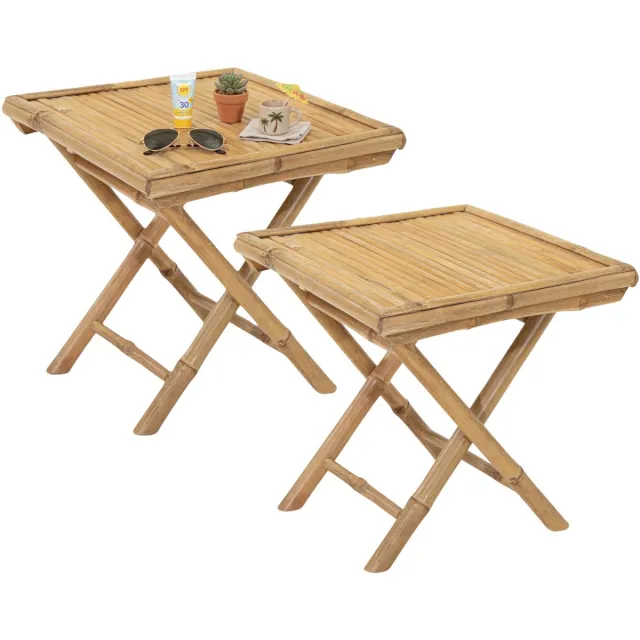 Mega Collections Bijzettafel of tuin tafel Zanzibar - 2x - Bamboe hout - lichtbruin - 40 x 40 x 40 cm - binnen / buiten - inklapbaar Naturel