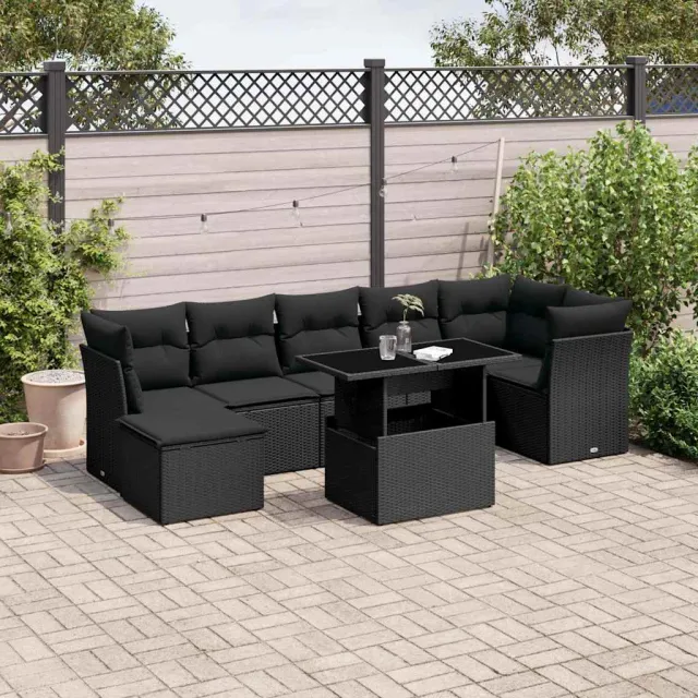 vidaXL 8-delige Loungeset met kussens poly rattan zwart, foto 2