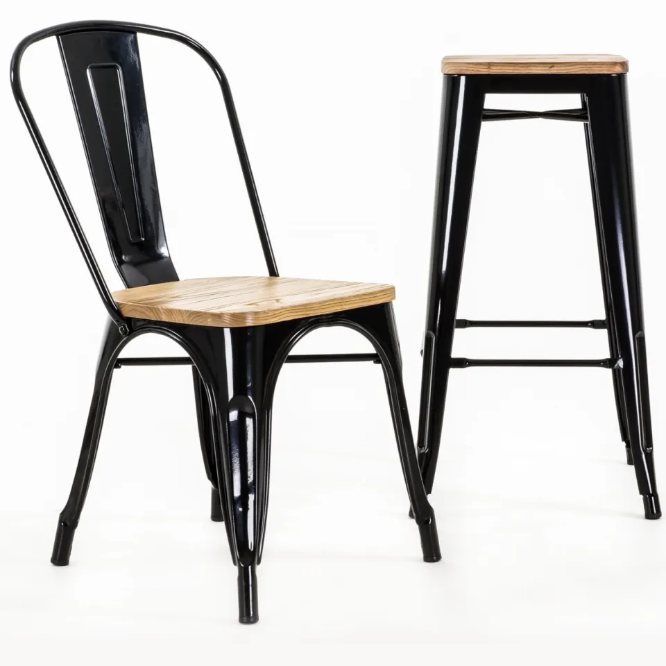 Legend Metalen barkruk zwart - met houten zitting - 77 cm, foto 2