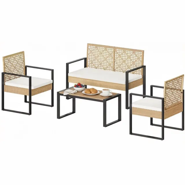 HAUSS SPOLE Loungeset - Modulaire Tuinset Met 2-Zitsbank, 2 Fauteuils En Tafel - Met Kussens - Voor Balkon En Terras - Rotan Naturel Naturel hout