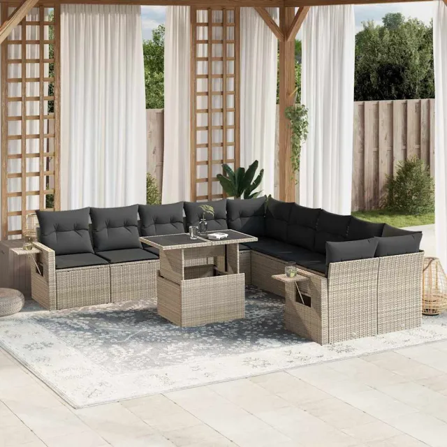 vidaXL 11-delige Loungeset met kussens poly rattan lichtgrijs grijs, foto 2