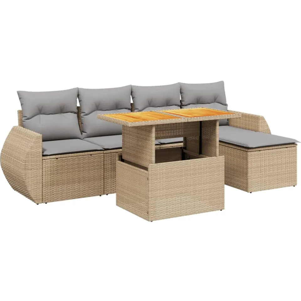 vidaXL 6-delige Loungeset met kussens poly rattan beige