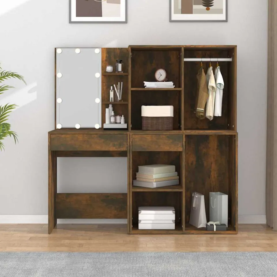 vidaXL Kaptafel met kastjes en LED's bewerkt hout gerookt eikenkleurig, foto 3