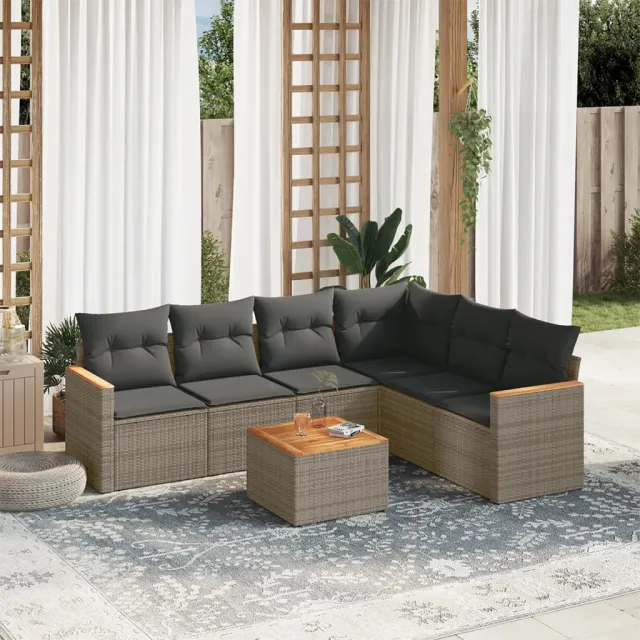 vidaXL 7-delige Loungeset met kussens poly rattan grijs, foto 2