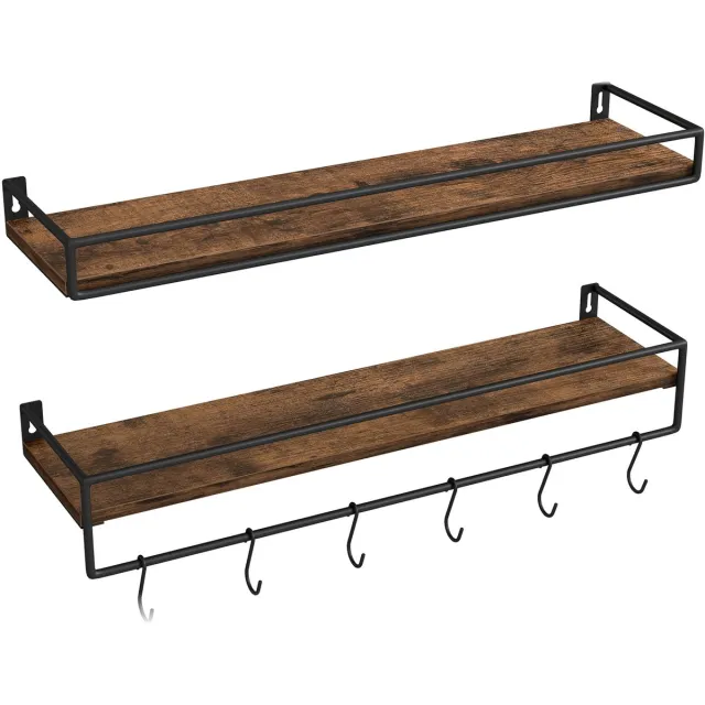 Vasagle Wandplank - Set van 2 Wandplanken - Met Stang - Zwevende Opbergrekken voor Keuken Slaapkamer Woonkamer Rustiek bruin, inktzwart