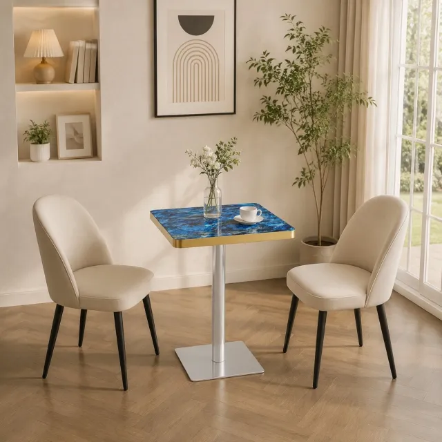 WUVRIE Vierkante eettafel 60x60 cm - Marmerlook en metalen onderstel - Blauw