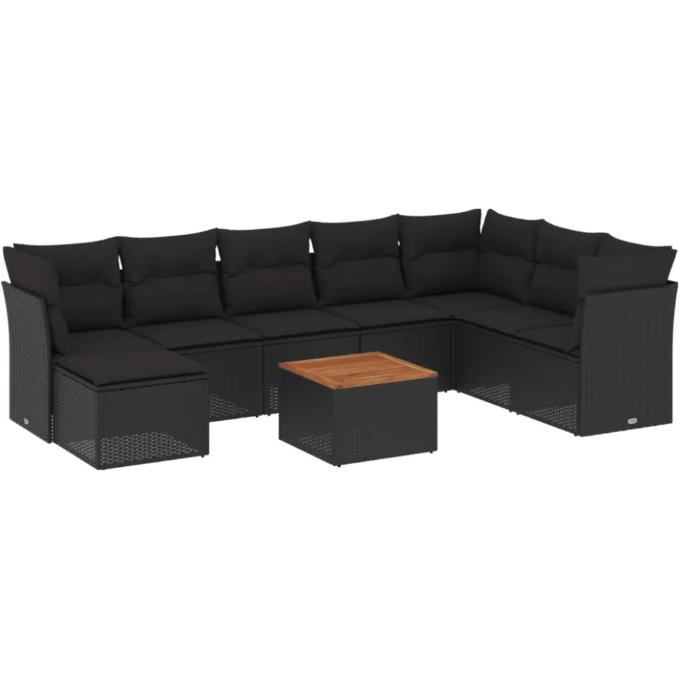 vidaXL 9-delige Loungeset met kussens poly rattan zwart