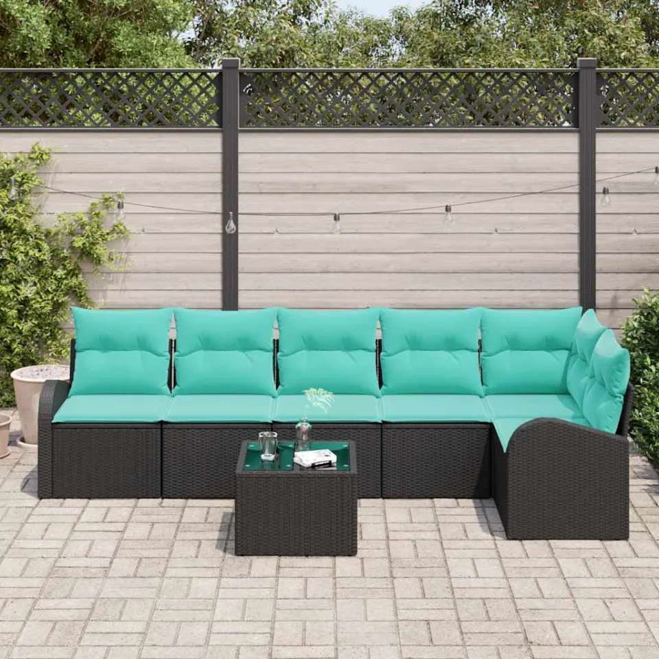 vidaXL Tuinbankenset 7 st Zwart en Turquoise poly rattan, foto 3