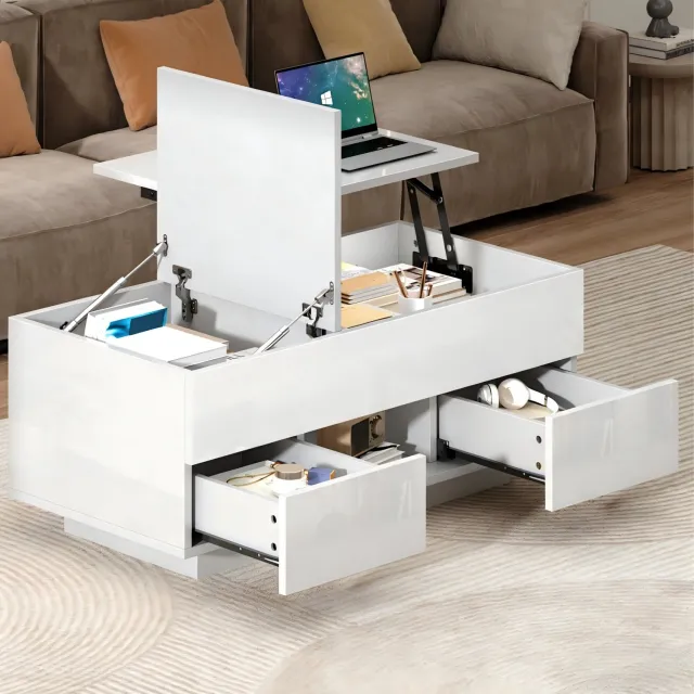 CHICFURN Salontafel - Opklapbaar - Hoogte verstelbaar - 2 laden - Wit
