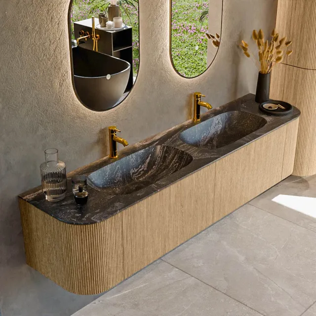 Mondiaz KURVE-DLUX 190 cm Onderkast Greeploos 2 Lades Met Deuren Oak, Wastafel Solid Surface Dubbel Lava 2 Kraangaten Zonder Spiegel (KRVSTS190L+R2L2D2KD-Oak/Lav)