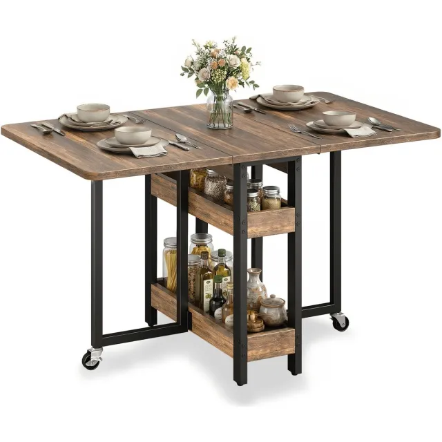 J.T.R Eettafel-Opvouwbare Eettafel -133x80 cm-Klaptafel Opbergplank met Twee Niveaus-Zwenkwielen voor Gemakkelijke Verplaatsing-voor Keuken en Eetkamer- Hout Kleur.