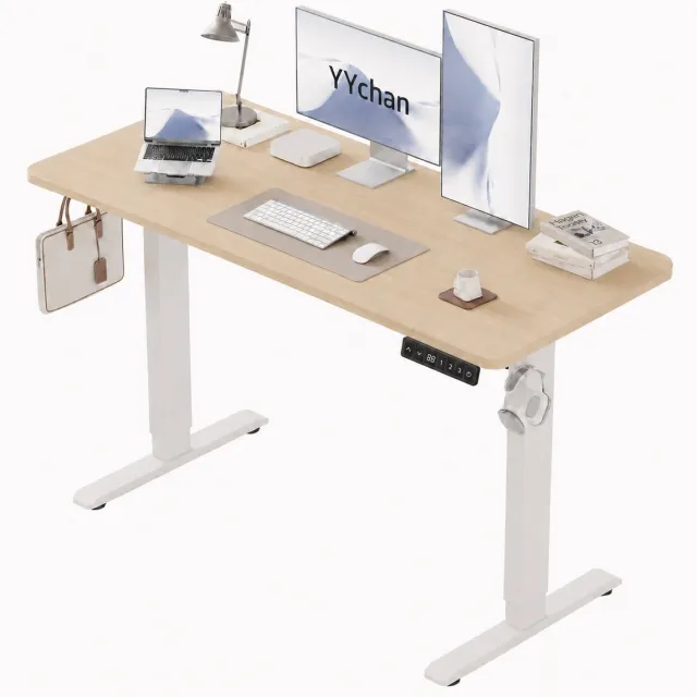 YYchan Zit Sta Bureau Elektrisch 120x60 - Gaming Bureau - Elektrisch verstelbaar - Eendelig tafelblad - Geheugenbediening, Stabiel T-Frame, met Koptelefoonhaak - Hoogteverstelbaar 72–118 cm - Eiken Wit