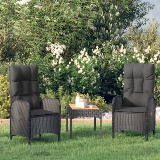 vidaXL 3-delige Loungeset met kussens poly rattan zwart, foto 2