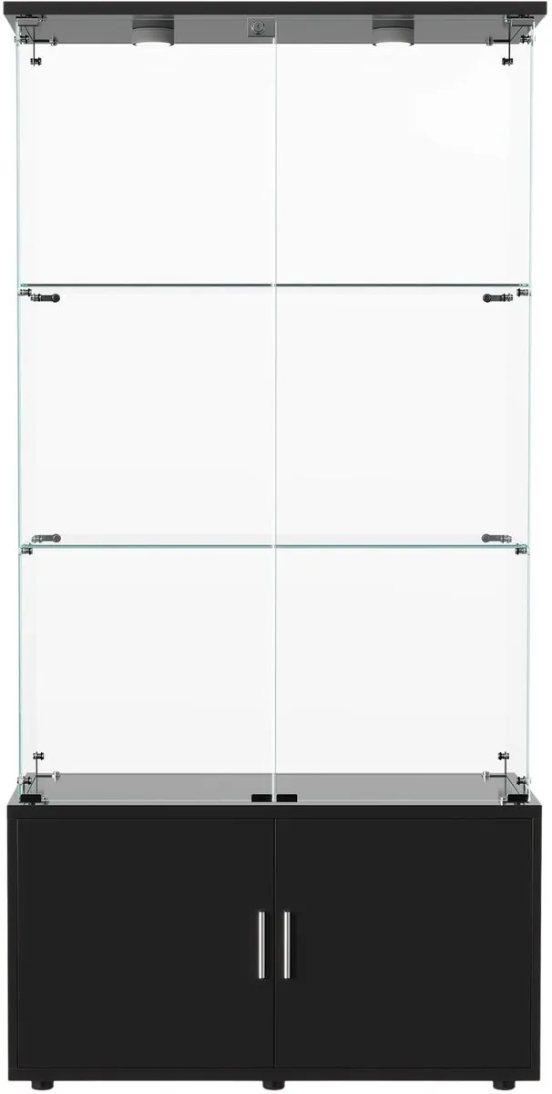 Happiq Glazen Vitrinekast met LED Zwart - 2 Deuren, 3 Planken + Taplicht - 3 Planken, 2 Vergrendelbare Deuren, Houten en Glazen - Verlichting Black