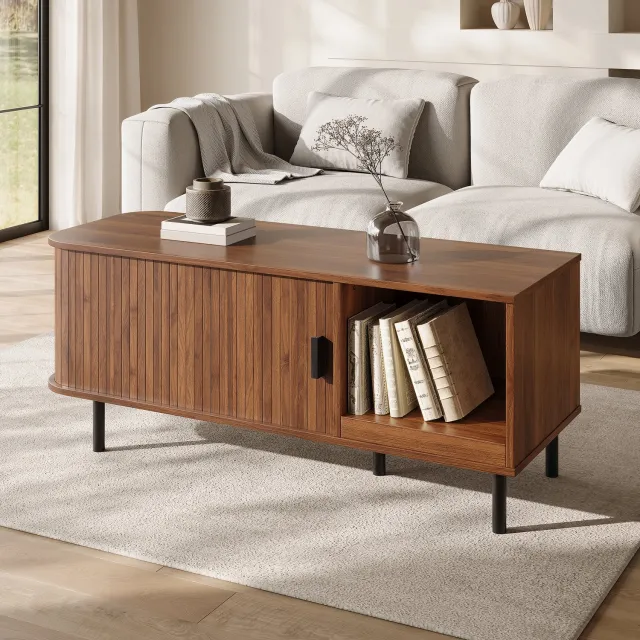 CHICFURN Salontafel 110 cm - Schuifdeur - Opbergruimte - Metalen poten - Woonkamer - MDF en spaanplaat - Walnoot