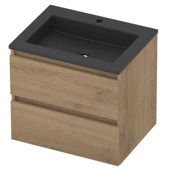 Basic-Line Aura 46 Badmeubelset Acryl 1 Kraangat Greeploos 60x46x54 cm Pure Oak Mat Zwart
