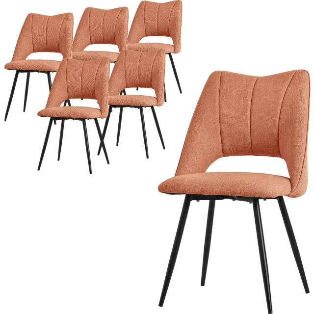 ml-design eetkamerstoelen set van 6 oranje met polyester zitting en zwarte metalen poten Keukenstoelen met rugleuning gestoffeerde stoelen voor eetkamer keuken kantoor en armstoelen voor woonkamer
