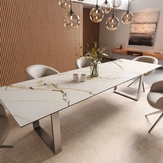 DELIFE Eetkamertafel Edge keramiek Calacatta Luxe wit-goud-grijs 300x100 RVS Schmal Weiß-Gold-Grau