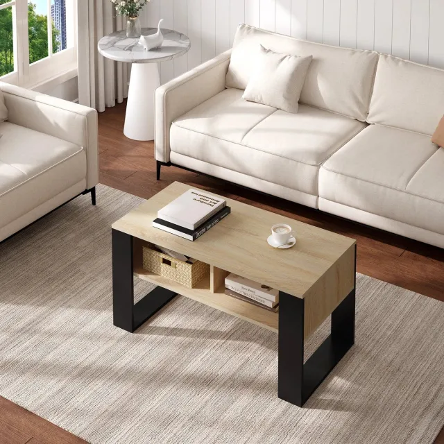 Woltu Sidetable - Wandtafel - Haltafel - Wandtafel Sidetable - Side Table - Sidetable Industrieel - Sidetable Hout - Thee en Koffietafel - met Opbergruimte - 2 Open Compartimenten - Vintage Stijl - Salontafel - voor Woonkamer Slaapkamer - Licht Eiken