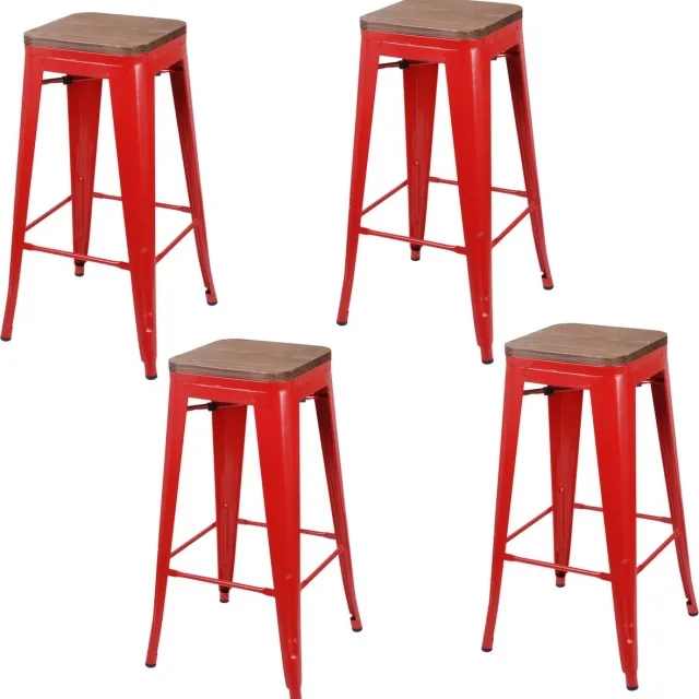 Urban Living Set van 4 Urban Living - Barkrukken met Metalen Frame en Houten Zitting Rood - Industrieel Design Barkruk