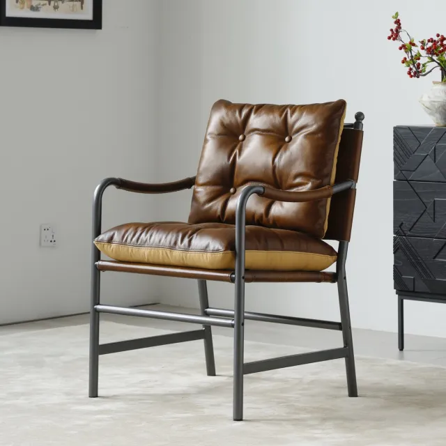 REDOM Fauteuil - Lederen bekleding - Metalen frame - Armleuningen - Gestoffeerde zitting - Mid Century Modern - Woonkamer - Bruin - 60 x 62 x 90 cm