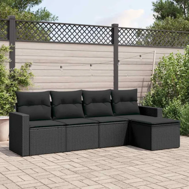 vidaXL 5-delige Loungeset met kussens poly rattan zwart, foto 2