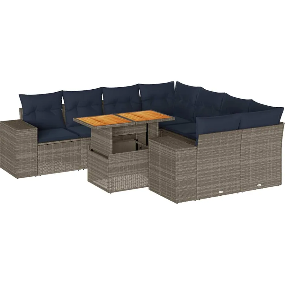vidaXL 9-delige Loungeset met kussens poly rattan grijs, foto 3