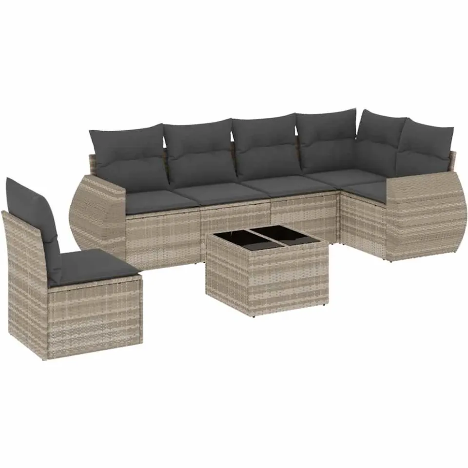 vidaXL 7-delige Loungeset met kussens poly rattan lichtgrijs grijs, foto 3