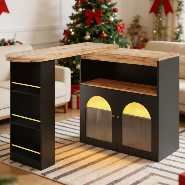 REDOM Eettafel 138-193X39X105CM van MDF, zwart, uitschuifbaar met draaibaar bijzetgedeelte en LED-licht